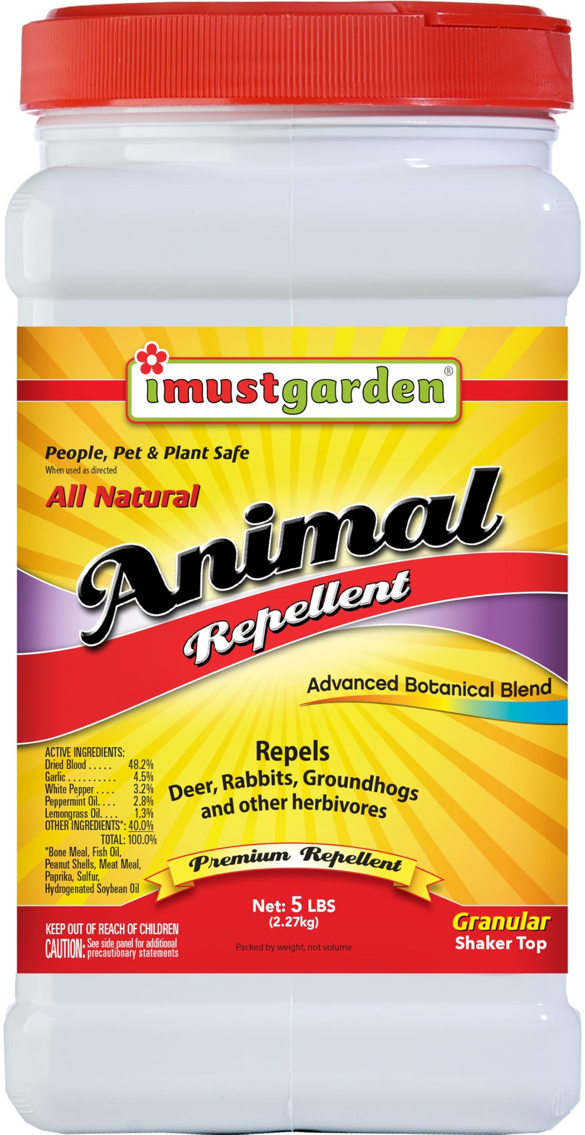 IMUSTGARDEN deer-rabbit-groundhog-repellent jar front view protects garden beds
