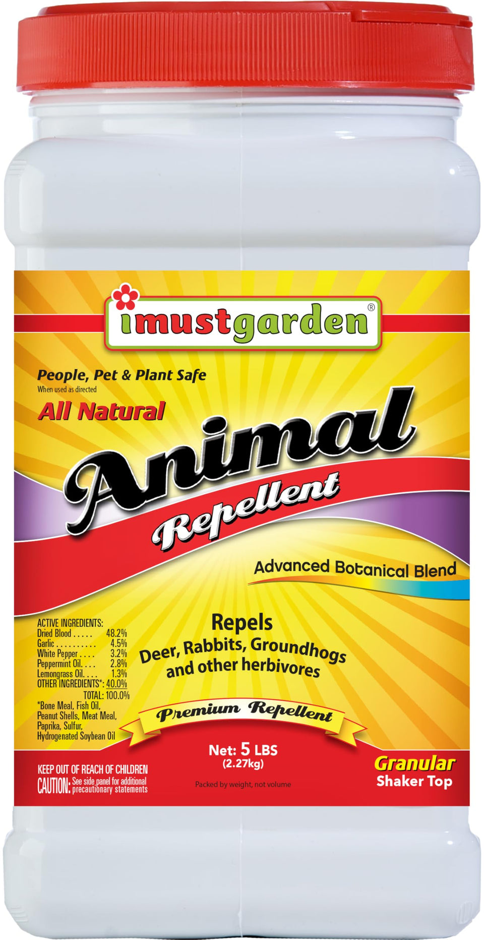 IMUSTGARDEN deer-rabbit-groundhog-repellent jar front view protects garden beds