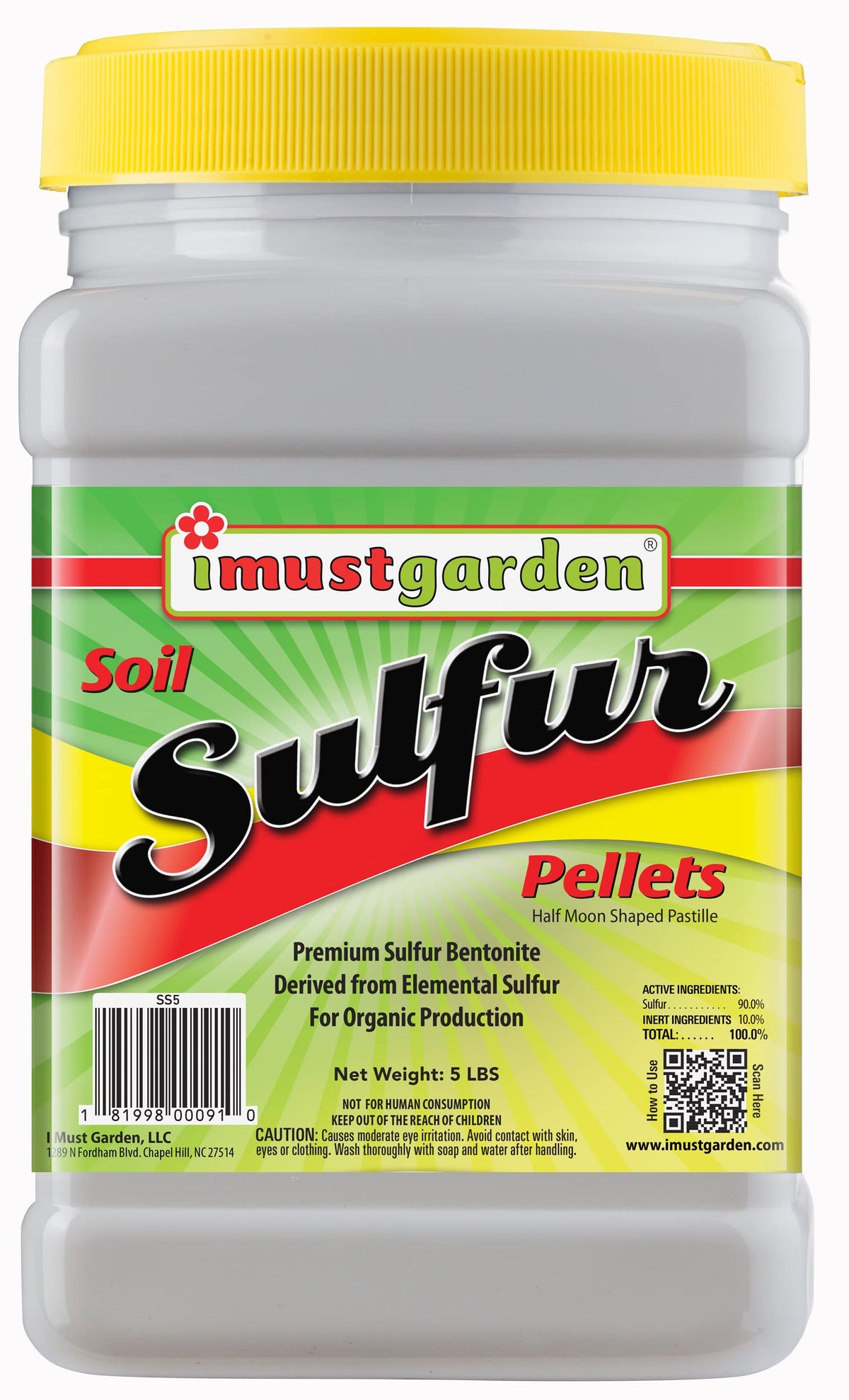 IMUSTGARDEN Soil Sulfur Pellets bottle highlights an organic acidifier for healthier greens.