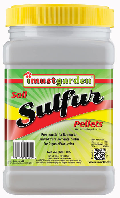 IMUSTGARDEN Soil Sulfur Pellets bottle highlights an organic acidifier for healthier greens.