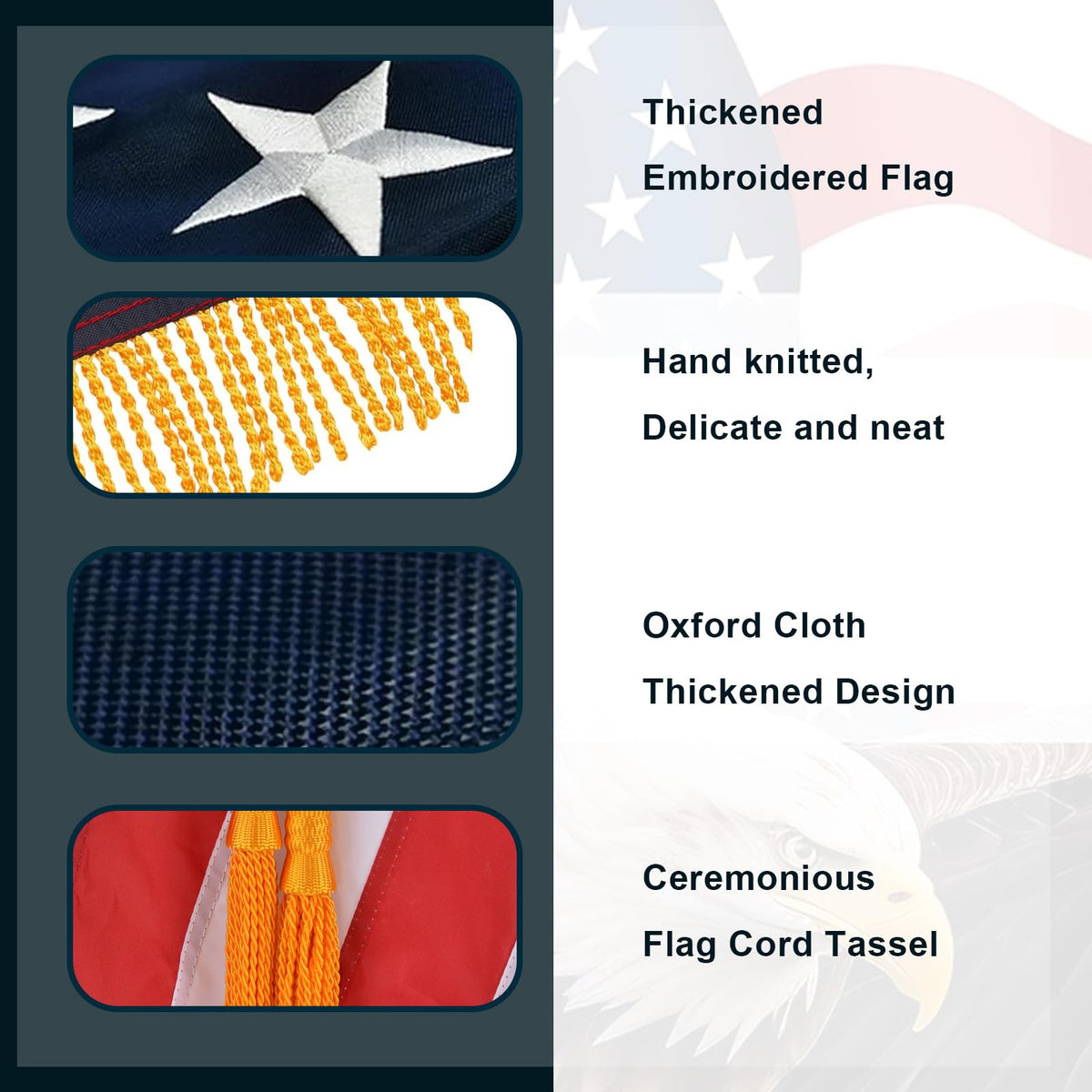 IN WHICH BAY Yellow cord tassel complements the flag display and finish.
