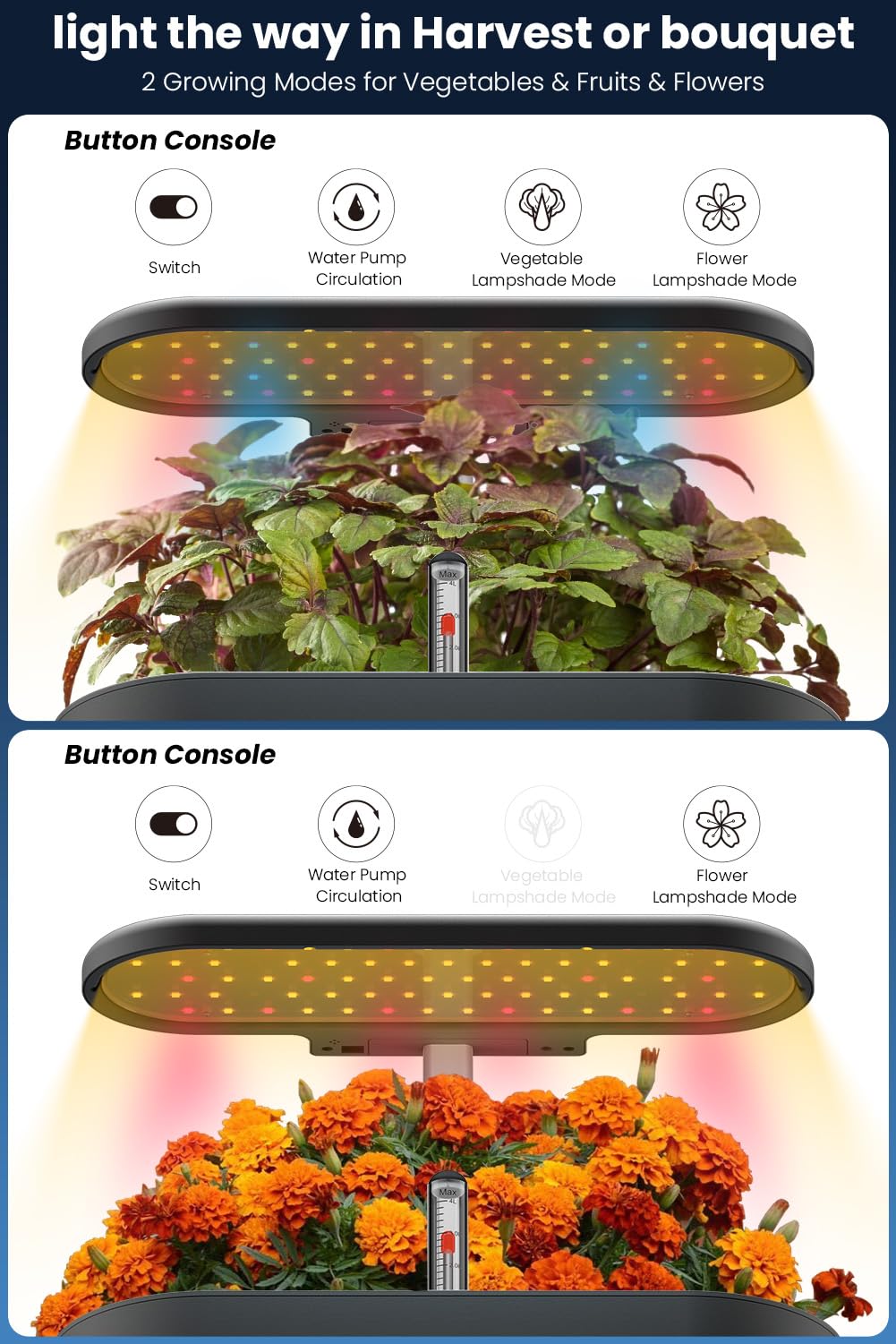 Inbloom adjustable lamp post offers customizable light height for various plants.