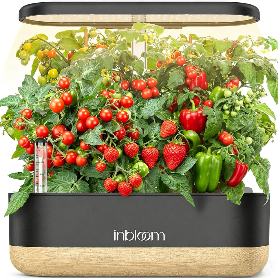 inBloom 12-pod hydroponics system front view, compact indoor herb garden for year-round herbs