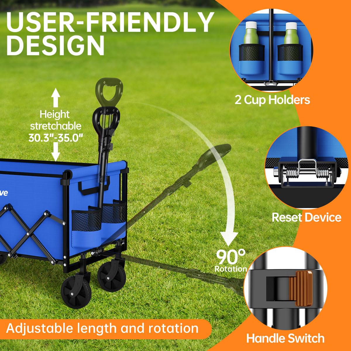 InBrave Collapsible Wagon handle-adjustment illustrates customizable height for comfortable pulling.