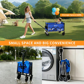InBrave Collapsible Wagon side view highlights all-terrain wheels for sand and gravel use.