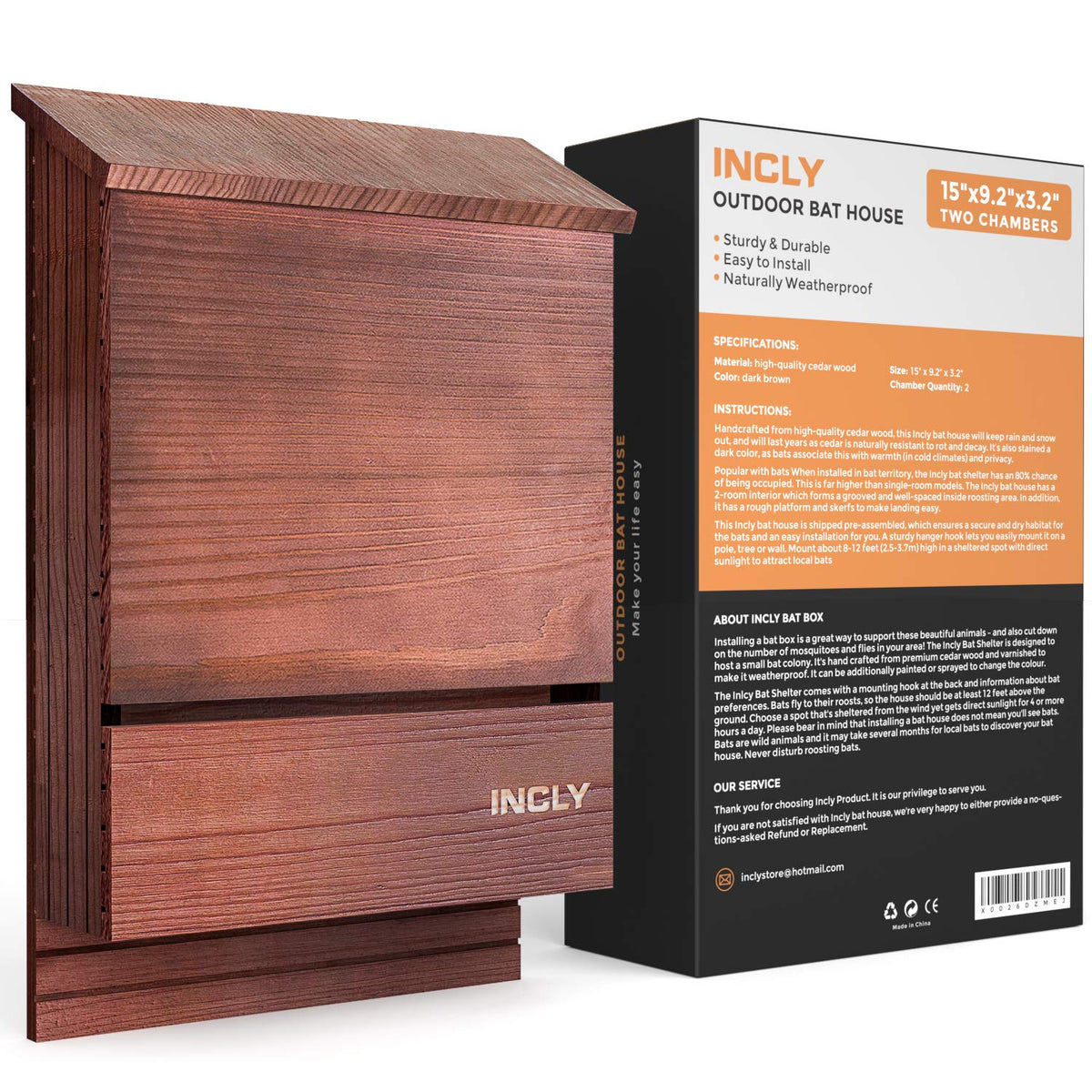 INCLY bat house outdoors in dark natural cedar, weather-ready for year-round use.