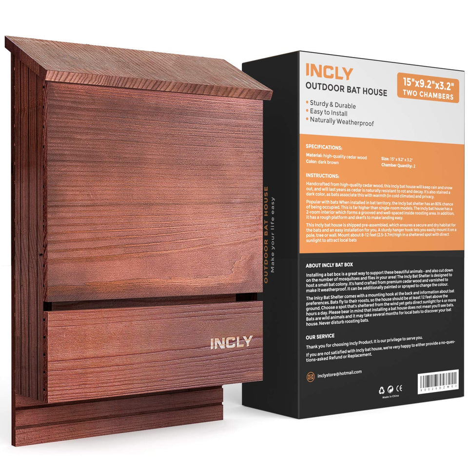 INCLY bat house outdoors in dark natural cedar, weather-ready for year-round use.