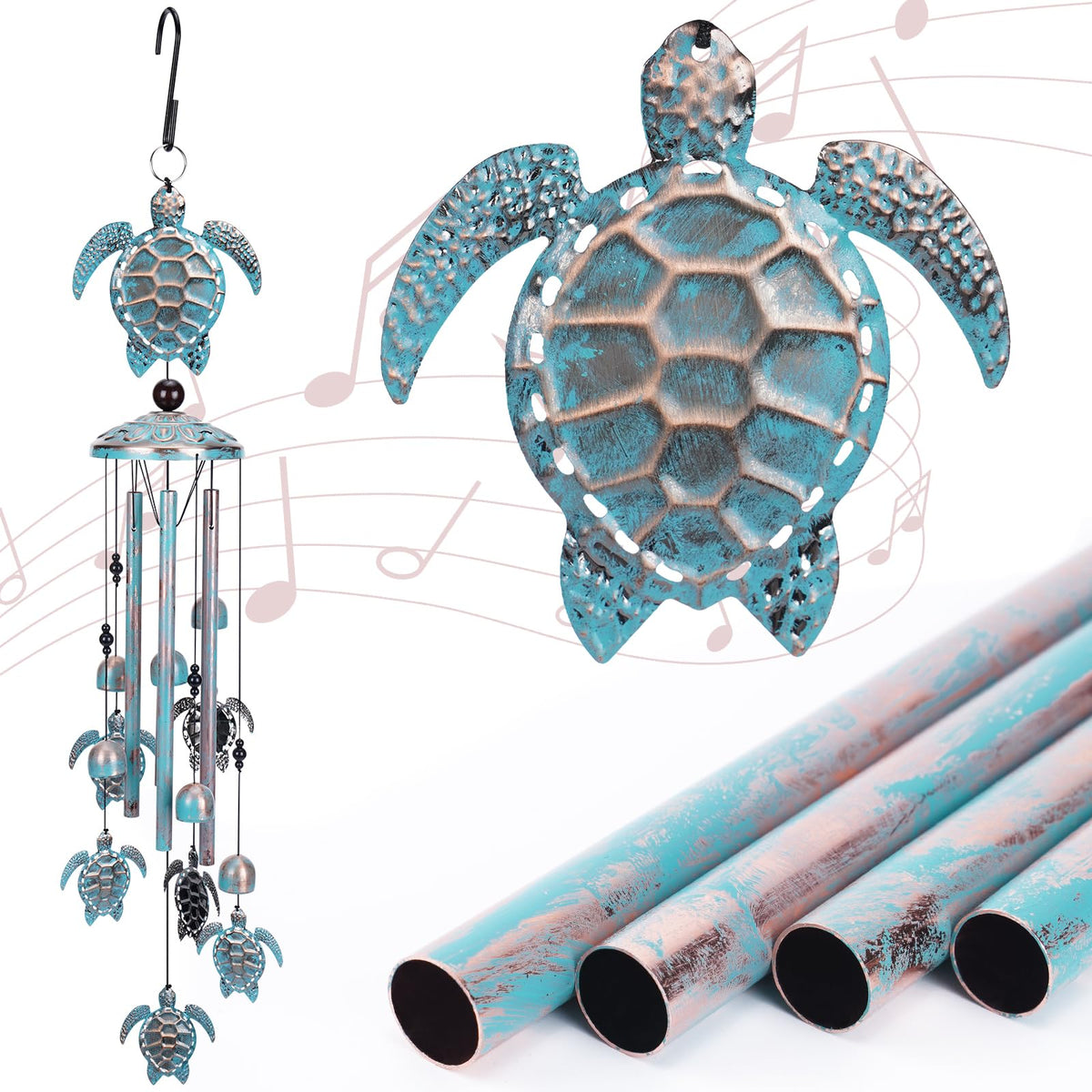 INCOK Sea Turtle Wind Chime top design with large turtle, enhances outdoor ambiance.
