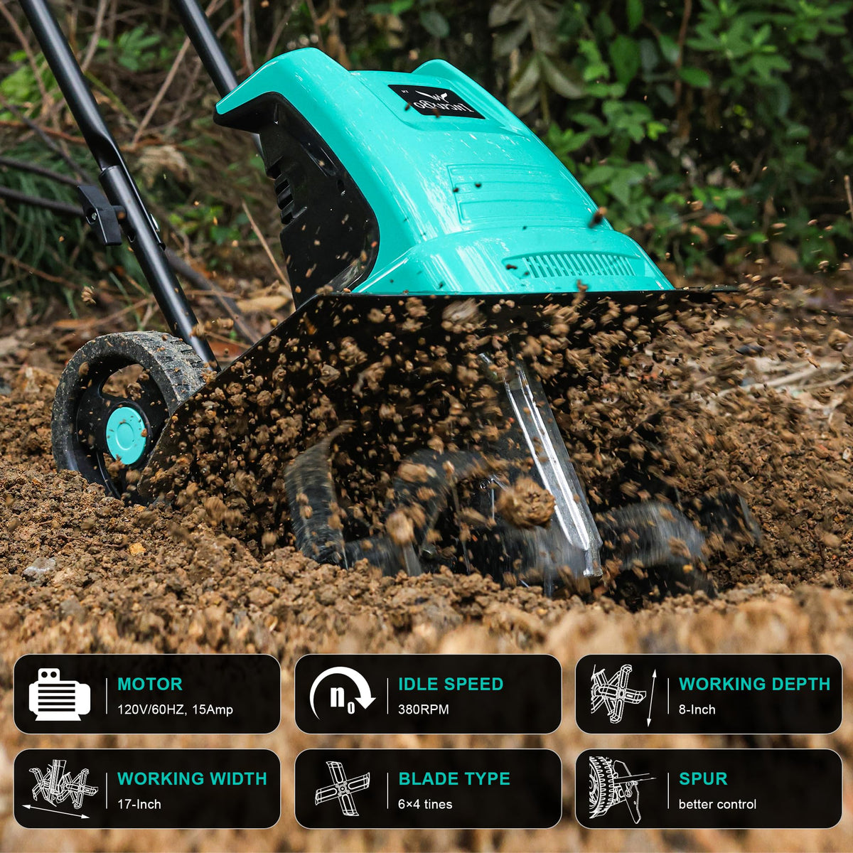 IncwBo Tiller shows 15-amp motor delivering efficient garden tilling