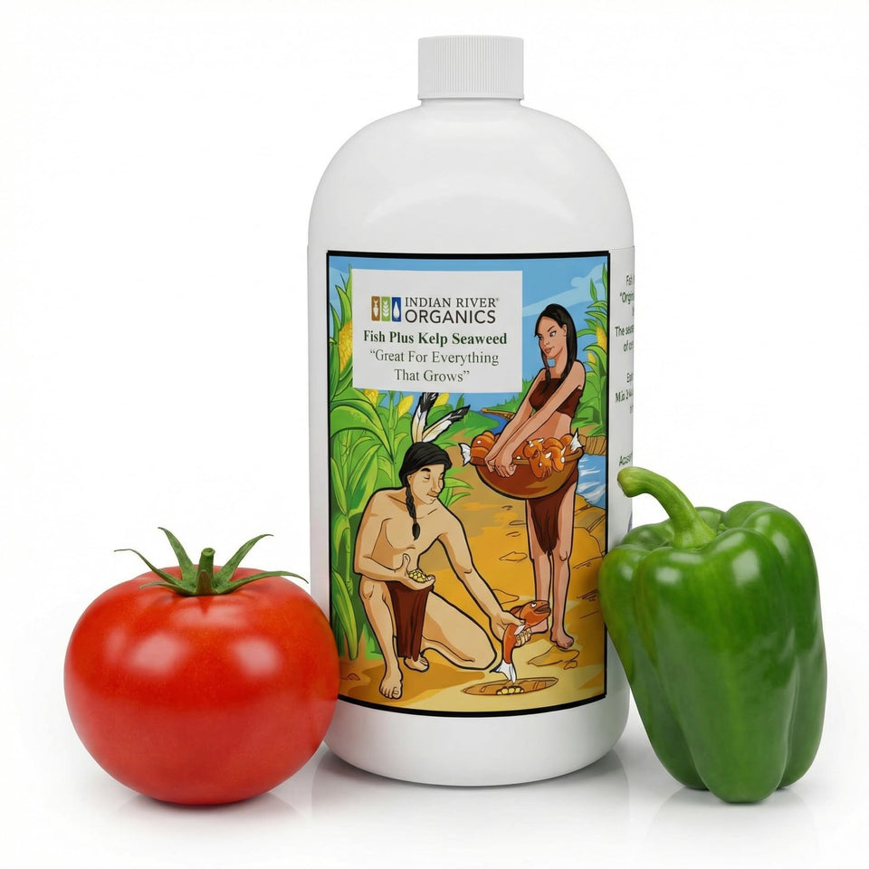 Indian River Organics Fish & Kelp Blend bottle ready for garden use