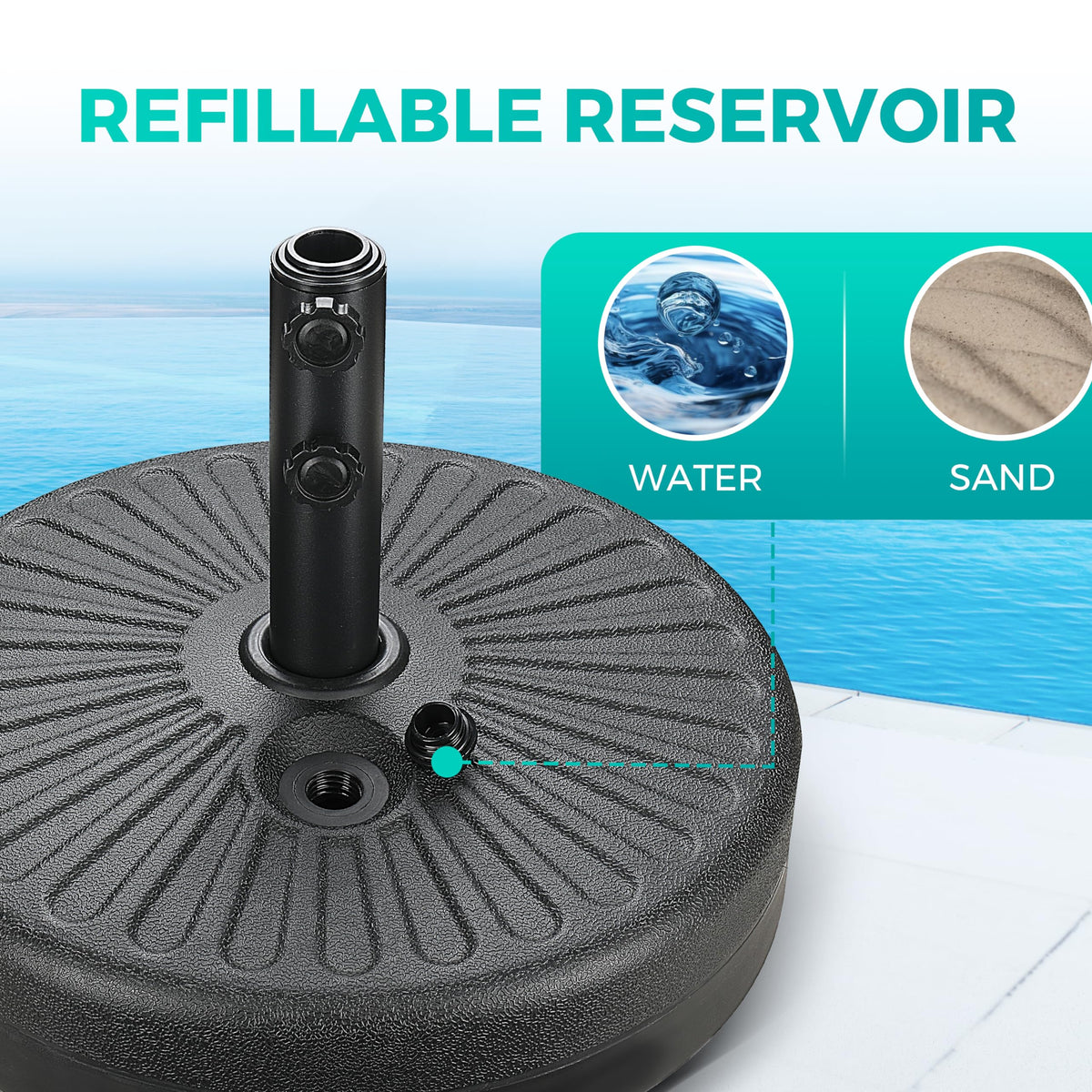 InfiniPower base filled with water demonstrates stable weight.