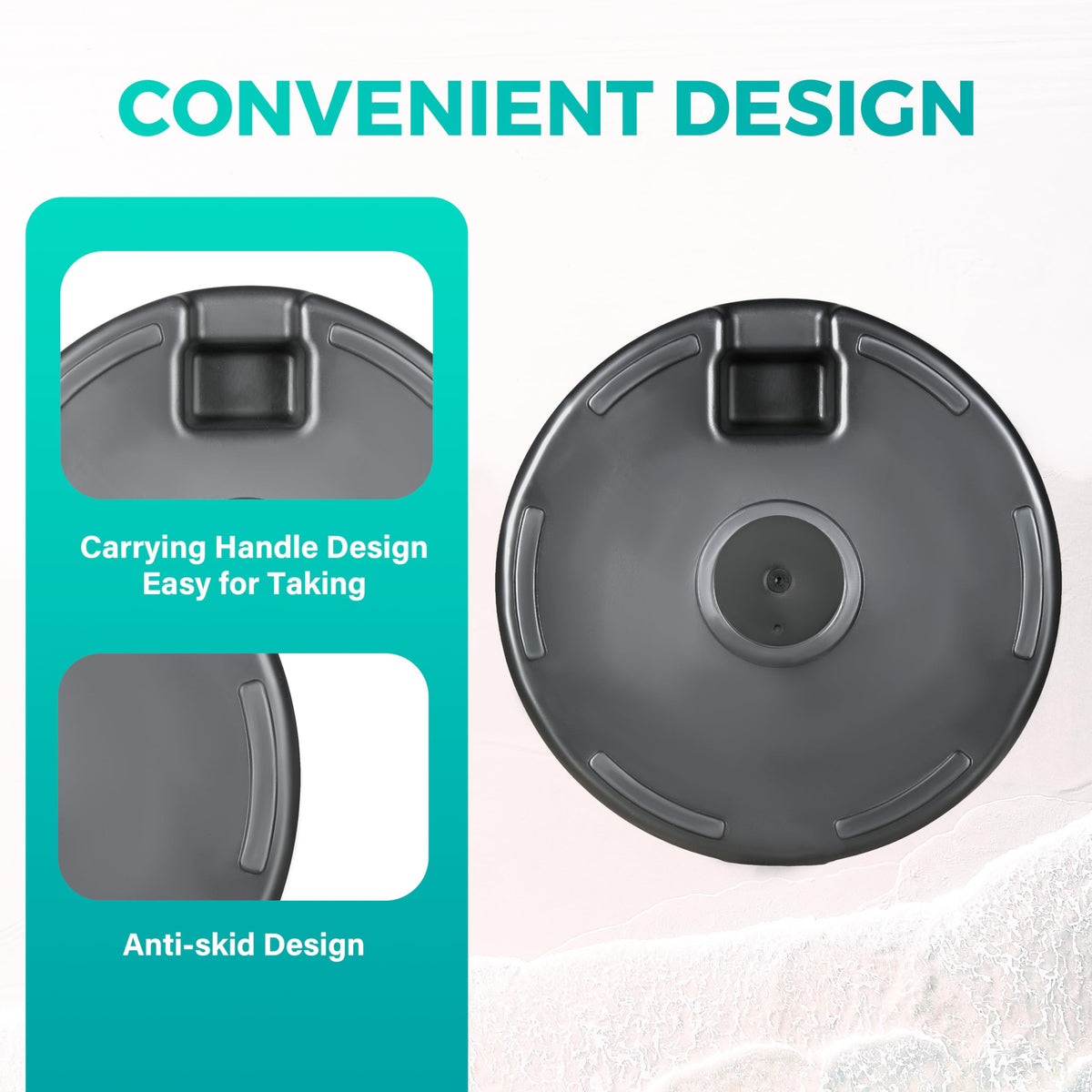 InfiniPower heavy-duty base side view highlighting adjustable pole compatibility.