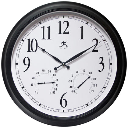 Infinity Instruments 24-inch black outdoor clock with thermometer and hygrometer for at-a-glance readings