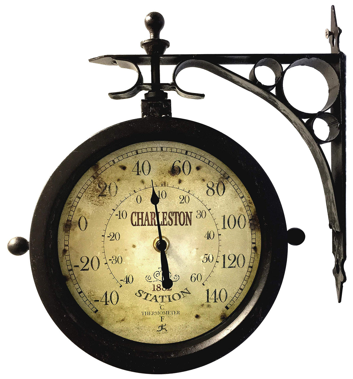 Infinity Instruments Charleston double-sided clock, back view, sturdy weatherproof construction for outdoors.
