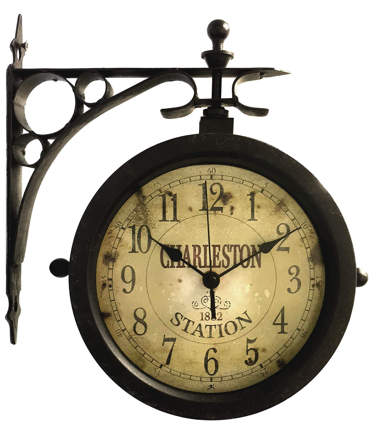 Infinity Instruments Charleston double-sided outdoor clock, front view, easy time reading from either direction.