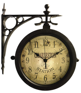 Infinity Instruments Charleston double-sided outdoor clock, front view, easy time reading from either direction.