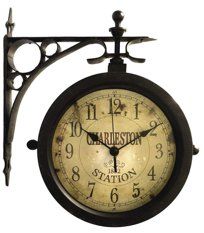 Infinity Instruments Charleston double-sided outdoor clock, front view, easy time reading from either direction.
