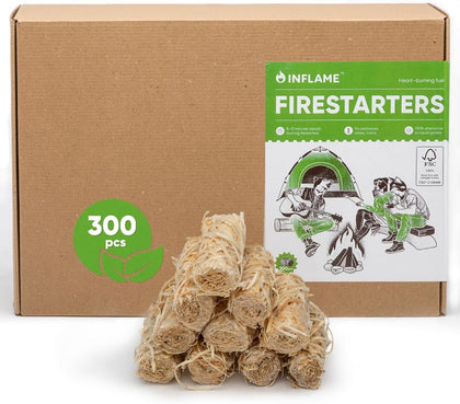 Inflame Fire Starters 300-pack box for convenient camping and home fires.