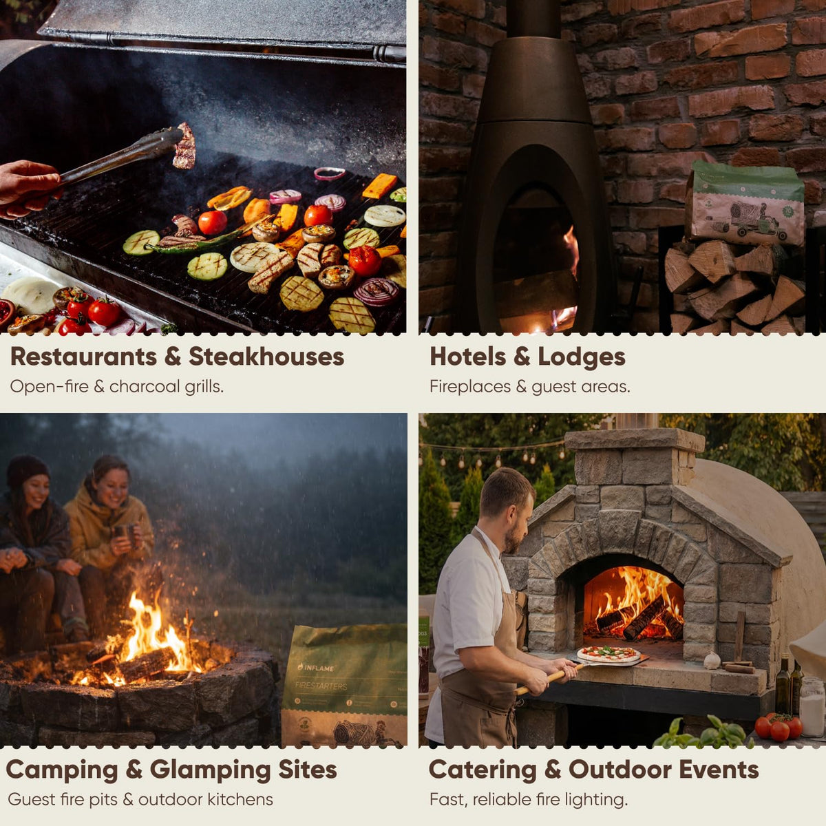 Inflame Fire Starters weather-resistant design supports outdoor cooking and warmth.