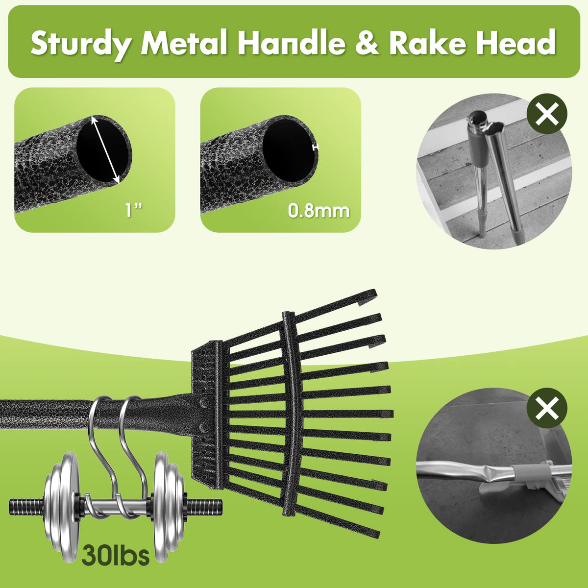 INFLATION 11-tine metal rake ideal for gathering fallen leaves