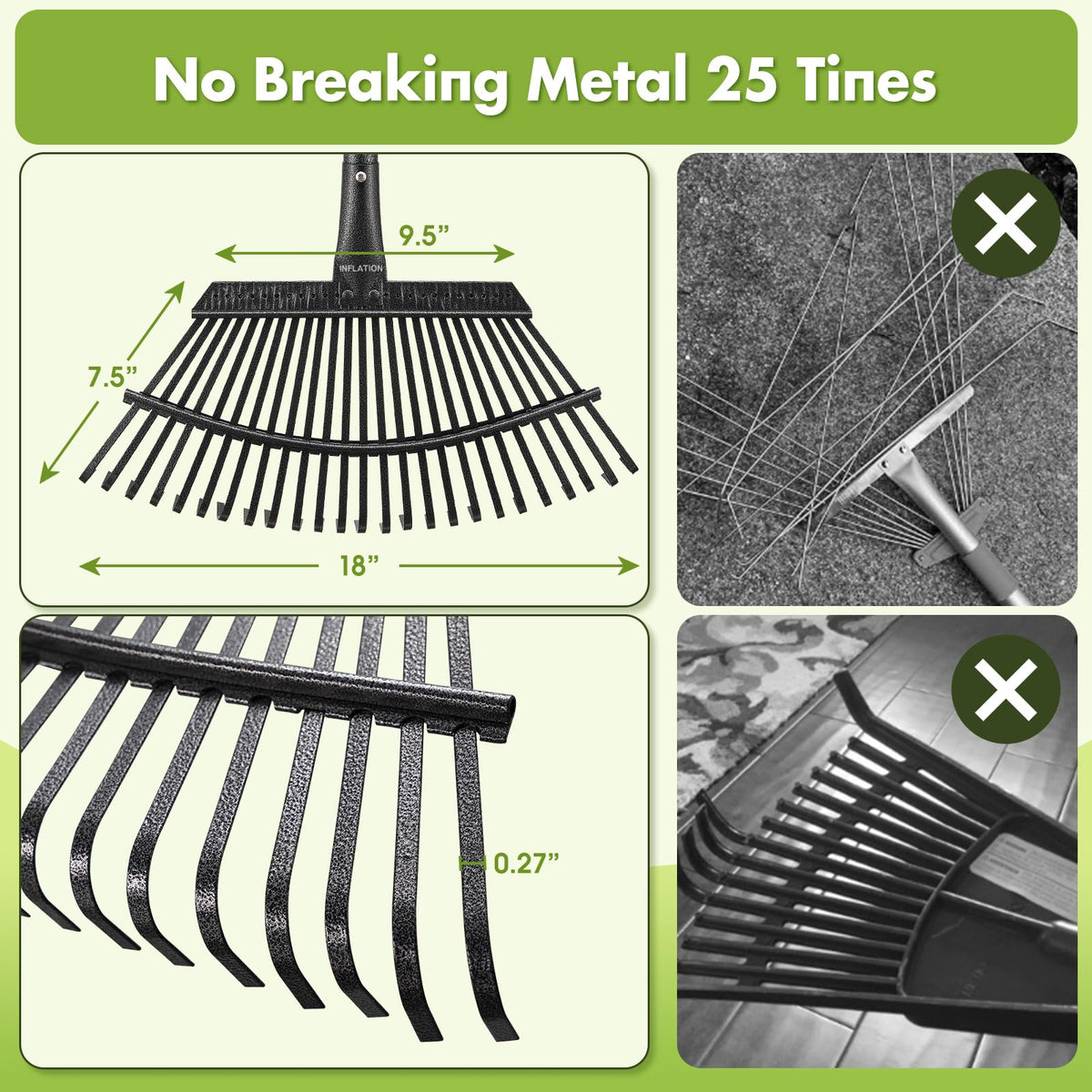 Inflation adjustable-handle rake demonstrates flexible length for users of all heights.