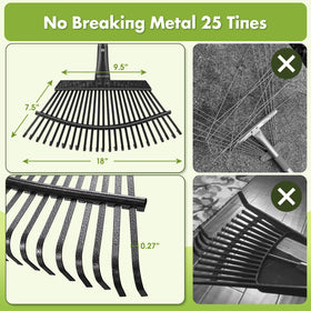 Inflation adjustable-handle rake demonstrates flexible length for users of all heights.
