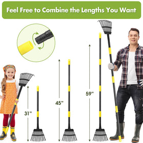 INFLATION adjustable-handle rake enabling comfortable heights for adults and kids