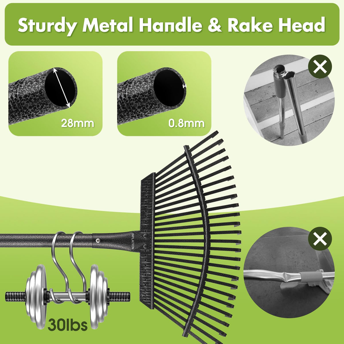 Inflation easy-install rake shows quick assembly and practical use.