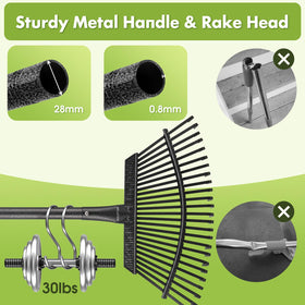 Inflation easy-install rake shows quick assembly and practical use.
