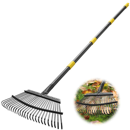 Inflation heavy-duty leaf rake with 25 tines for yard debris cleanup.
