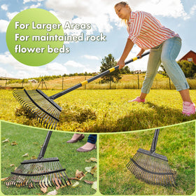 Inflation metal rake head shows sturdy construction for spring yard work.
