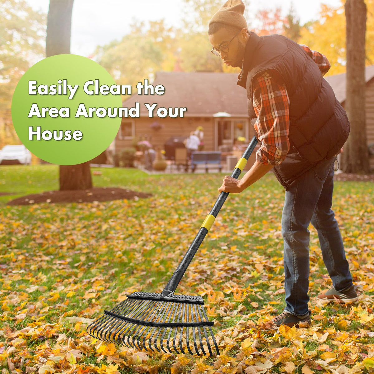 Inflation multi-area rake cleans leaves, litter, and crevices around home.