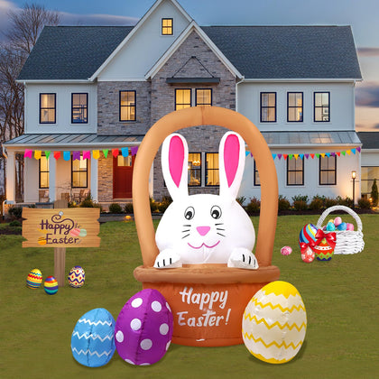 InfleasJoiy bunny on flower basket inflatable with LED lights brightens outdoor Easter celebrations.