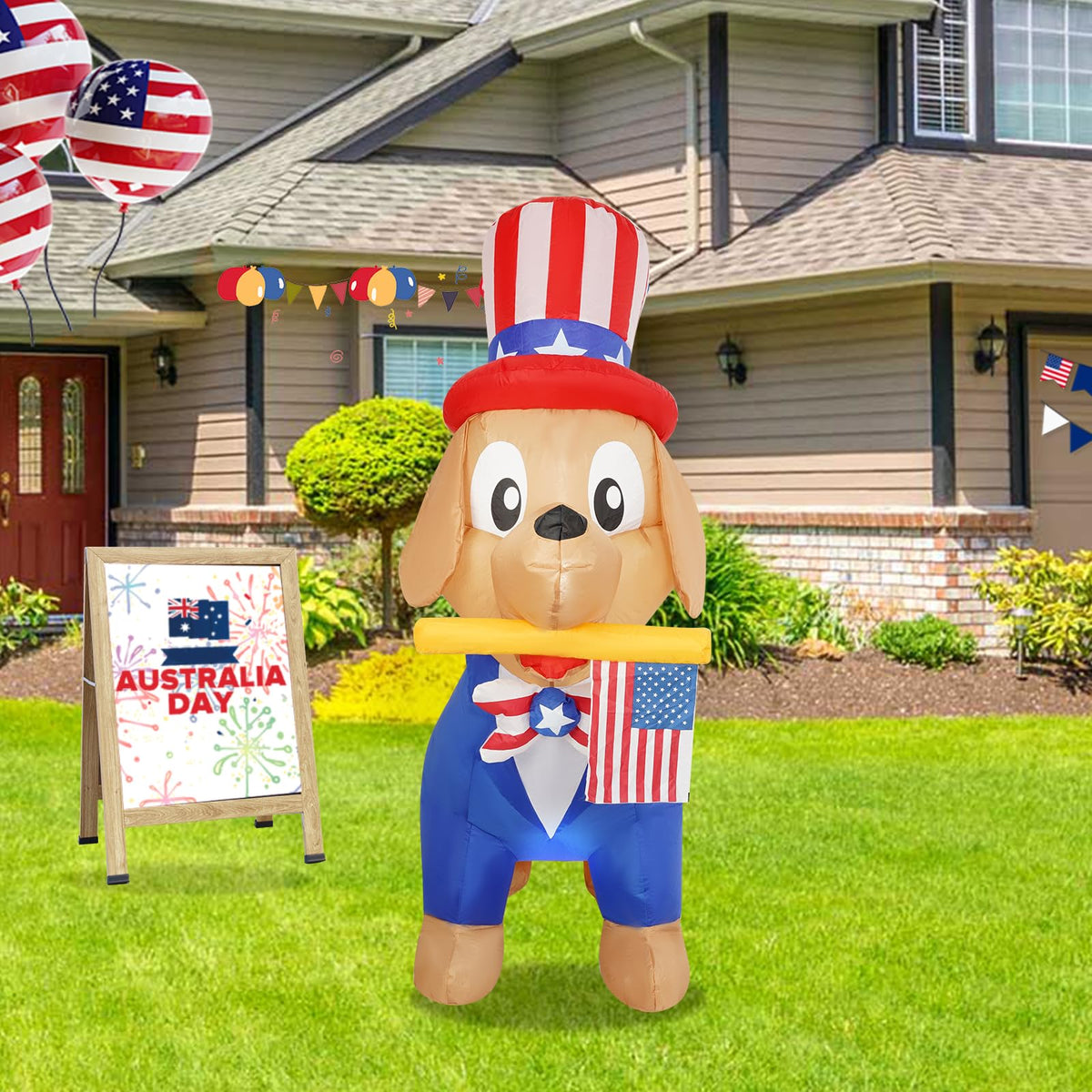 InfleasJoiy 4FT Independence Day puppy inflatable with LED lights for yard celebrations.