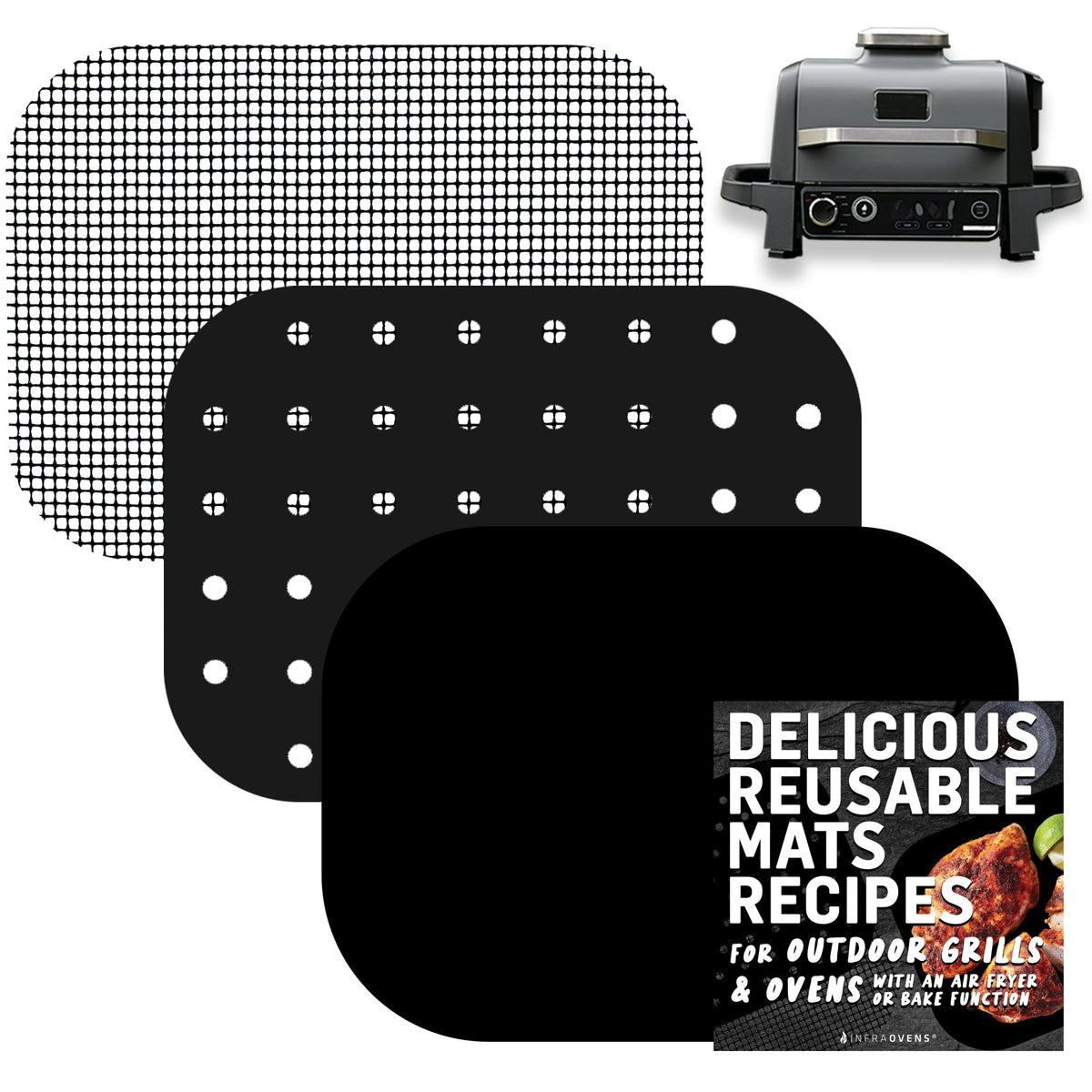 Infraovens reusable liners fit Ninja Woodfire crisper basket for easy cooking.