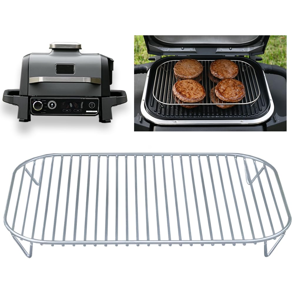 INFRAOVENS stainless steel rack on Ninja Woodfire grill increases cooking capacity.