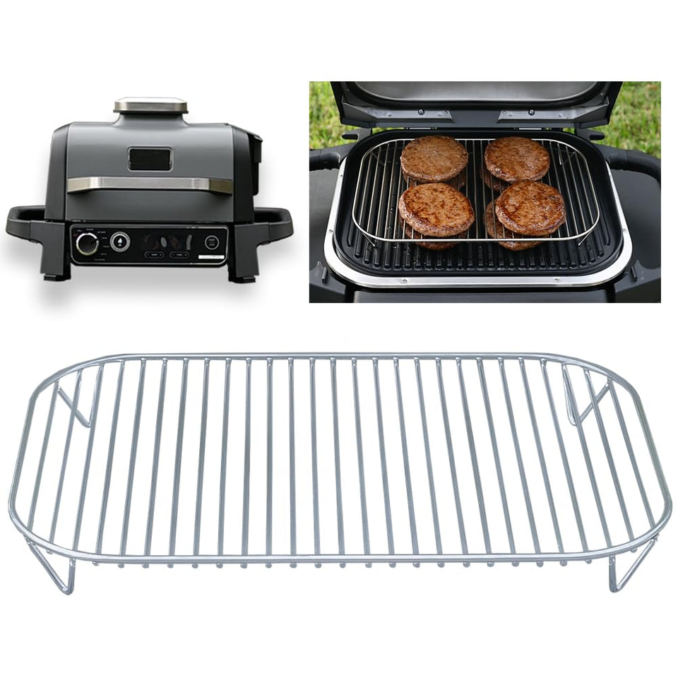 INFRAOVENS stainless steel rack on Ninja Woodfire grill increases cooking capacity.