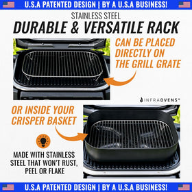 INFRAOVENS stainless steel rack used in crisper basket adds versatility.