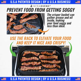 INFRAOVENS rack on grill grate supports burgers, vegetables, and more.