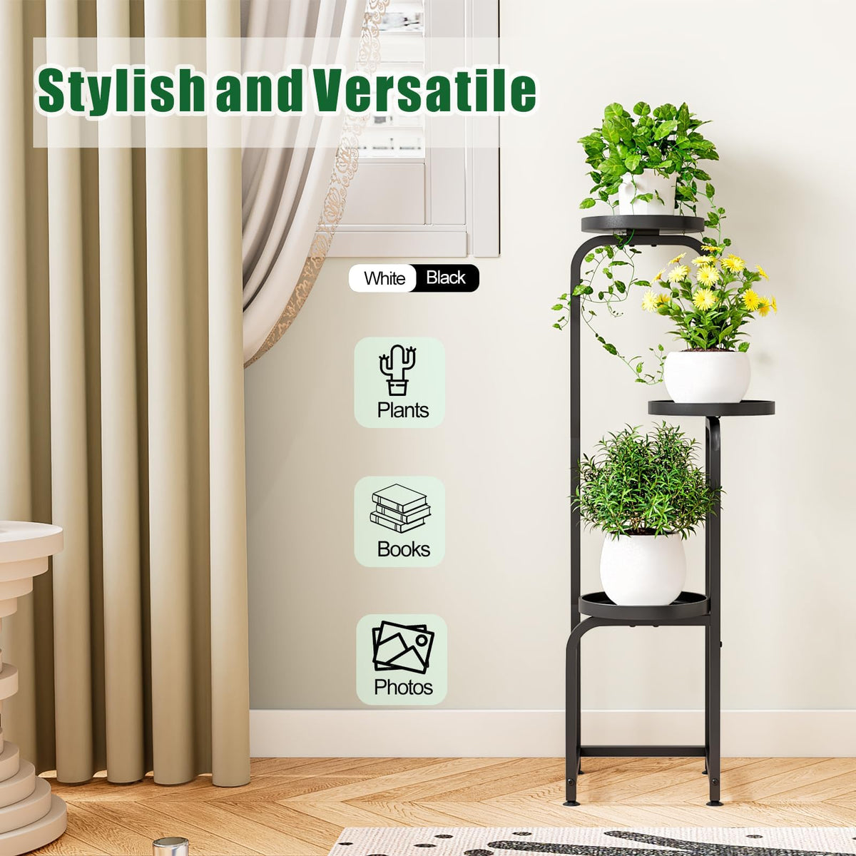 INGIORDAR metal frame flower rack with three tiers enhances decor and plant display.