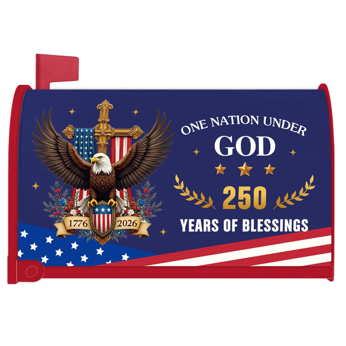 Inisajace 250th anniversary mailbox cover full view showing size and patriotic design.