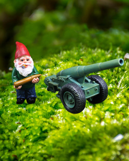 Inkaove Funny Army Gnome statue with cannon for yard decor and conversation starter.