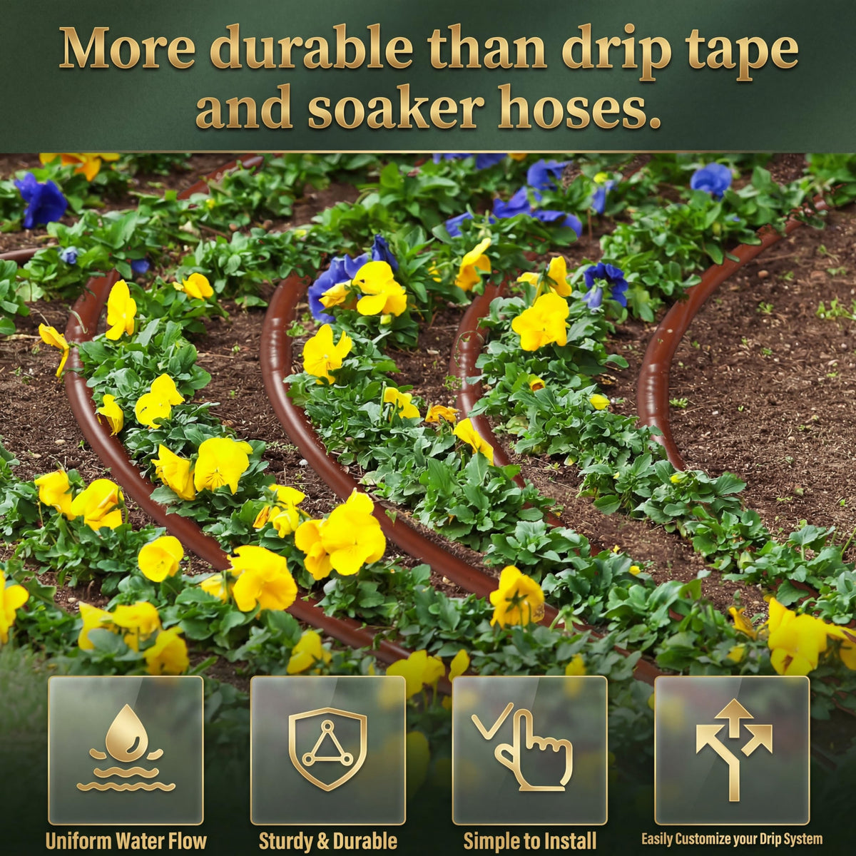 Innconee brown tubing blends with soil and greenhouse settings for discreet irrigation.