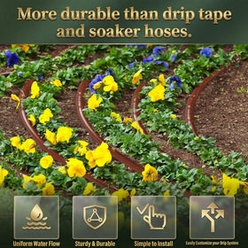 Innconee brown tubing blends with soil and greenhouse settings for discreet irrigation.