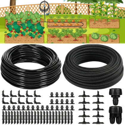 Innconee 200ft soaker hose for even garden watering across beds.