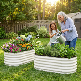 Two-bed garden setup ready for deep-rooted crops in a garden