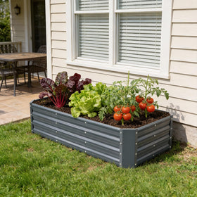 INNO STAGE spacious metal bed ready for vegetables, flowers, and herbs.
