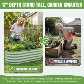 INNO STAGE green metal raised bed highlighting weatherproof durability outdoors.