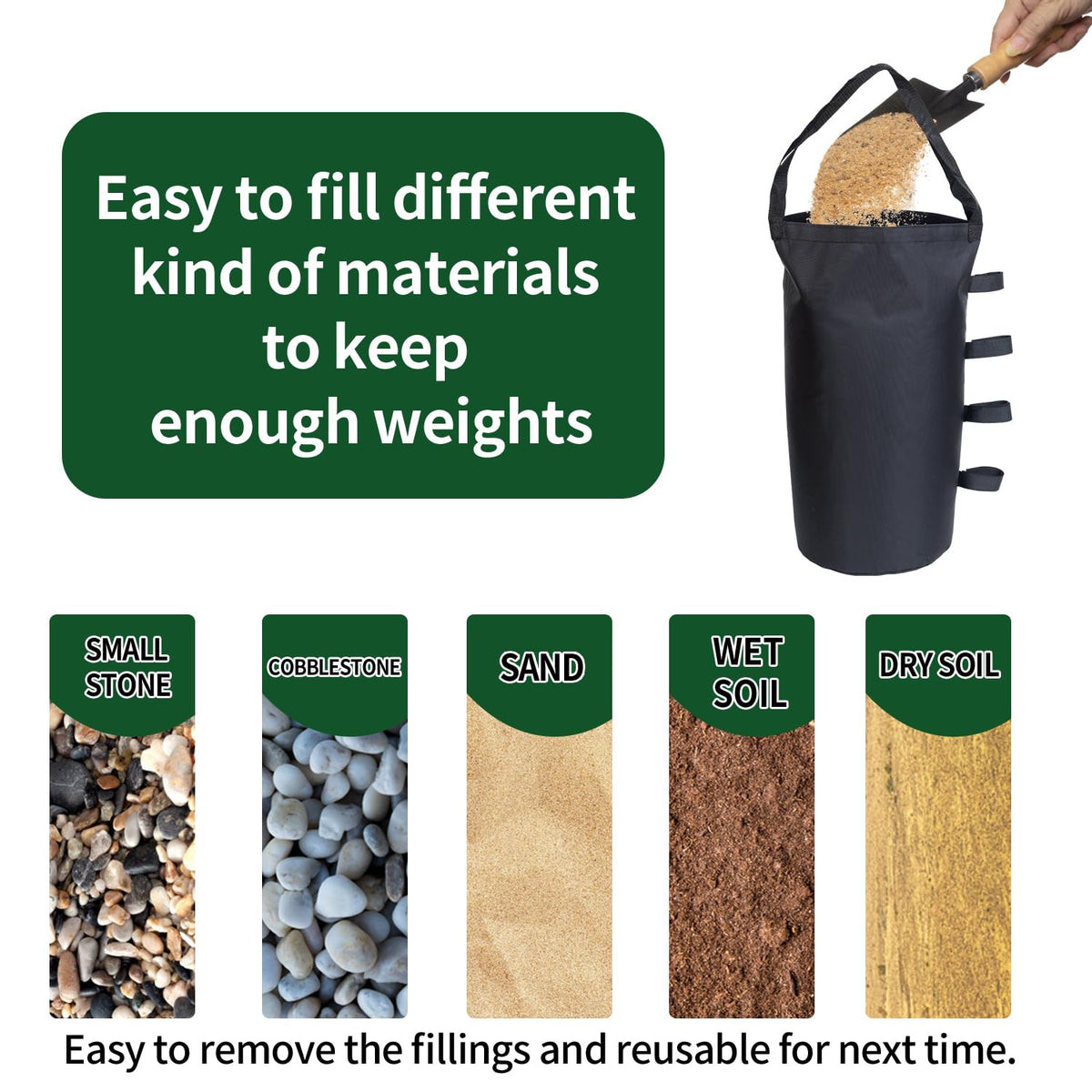 Inntop velcro-closure-system secures sandbags quickly during setup.