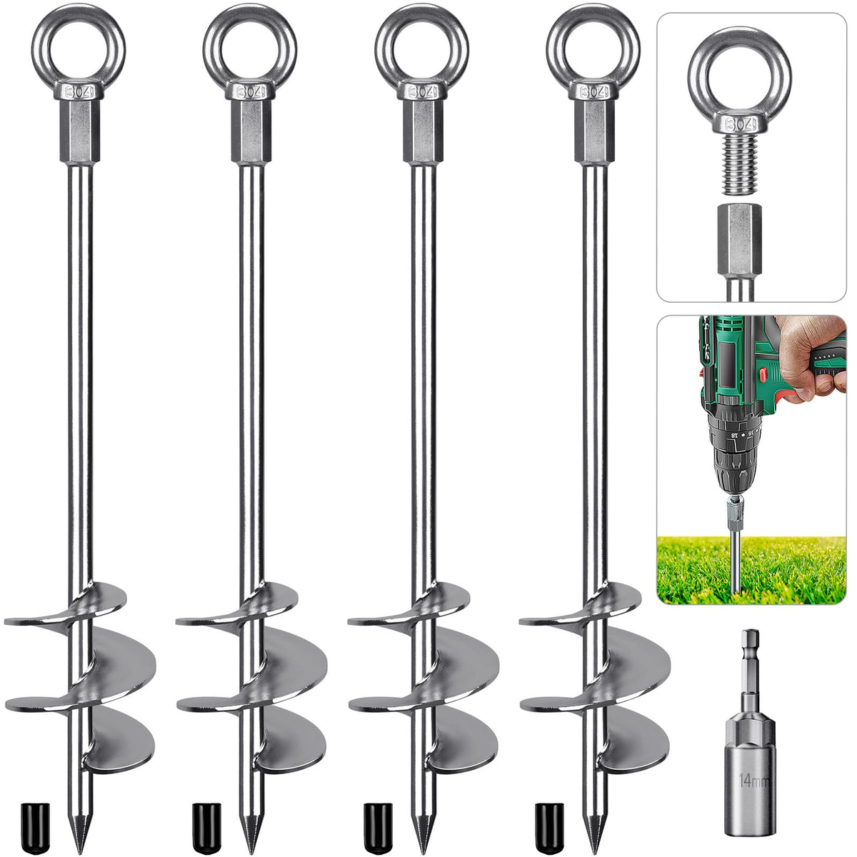 Insaga 18-inch ground anchors screw in for sturdy outdoor stabilization.